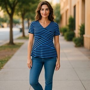 Candie's Navy and Black Striped V-Neck Tee
